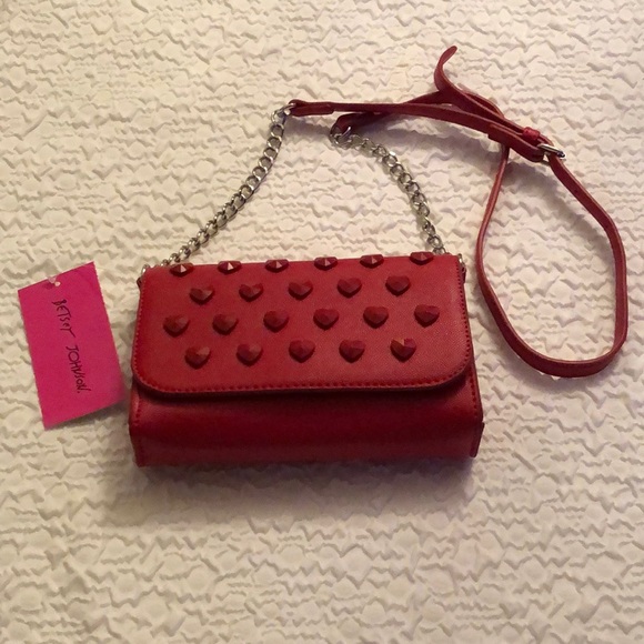 Betsey Johnson Crimson Faux Leather Crossbody Studded Hearts & Chain Accents NWT - Picture 16 of 16